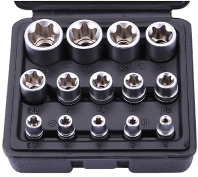 Hniuyun 14Pcs Female E-Torx Star Socket Set, 1/4, 3/8, 1/2 in Drive, E4 - E24 External Torque Socket Tool Kit with Black Case