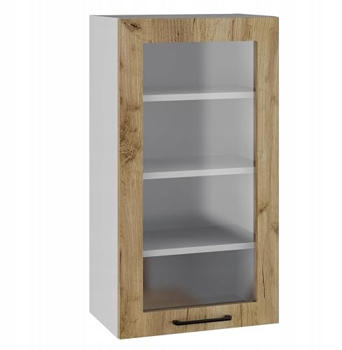 Laclar TAFLA Küchen Hängeschrank mit Glastür - Küchenschrank - Weißer Korpus - Soft-Close Scharniere - ohne Griff - zum Aufhängen - Moderne Küche - Eiche Craft Gold - 50x30x92 cm