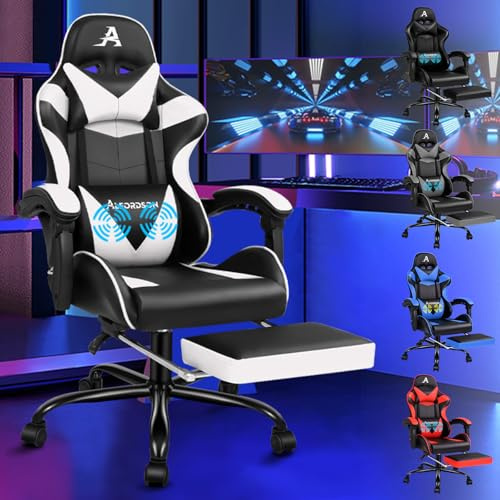 ALFORDSON Gaming Stuhl Massge Videospielstuhl, ergonomischer Bürostuhl, Schreibtischstuhl, Neigungswinkel 90°-150°, höhenverstellbarer PC-Stuhl, 180 kg Tragkraft, PU-Leder, 360° Drehstuhl, Weiß
