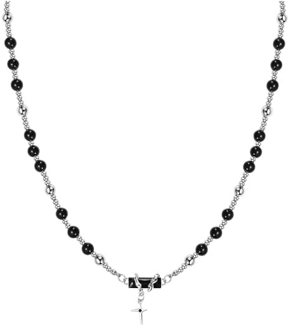 JewelryWe Halskette Herren Obsidian Schwarz Turmalin Tigerauge Perlen Rosenkranz Kette mit Kreuz Spikes Anhänger Edelstahl Naturstein Verstellbar Perlenkette Edelstein Schmuck