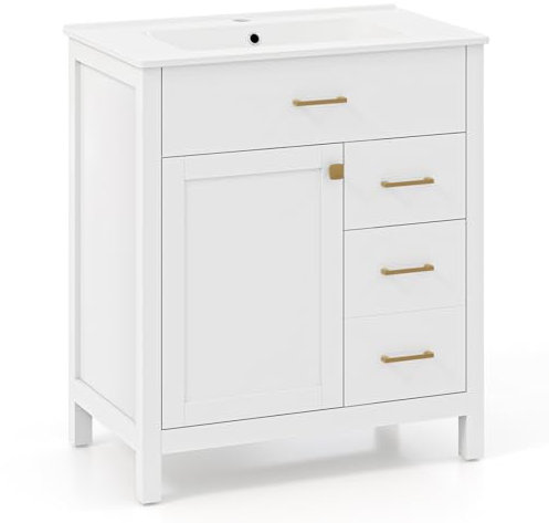 COSTWAY Mobile Sottolavabo per Bagno, Mobiletto da Bagno con 2 Cassetti e 2 Ante, Mobile da Bagno a Terra con Lavandino in Ceramica, 76 x 46,5 x 86 cm, Bianco