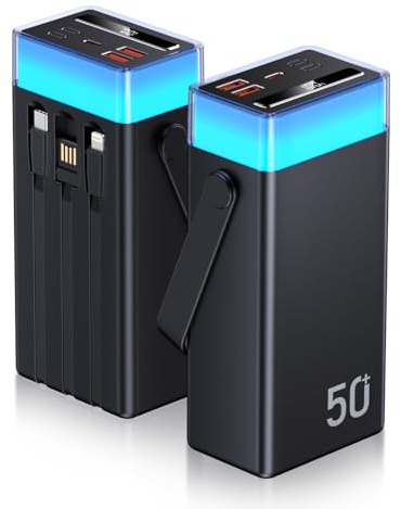 Power Bank 50000mAh Fast Charging with Built in Cable, Battery Pack 22.5W Huge Capacity USB-C 5 Outputs & 2 Inputs LED Display Portable Charger PowerBank Compatible with iPhone Android etc
