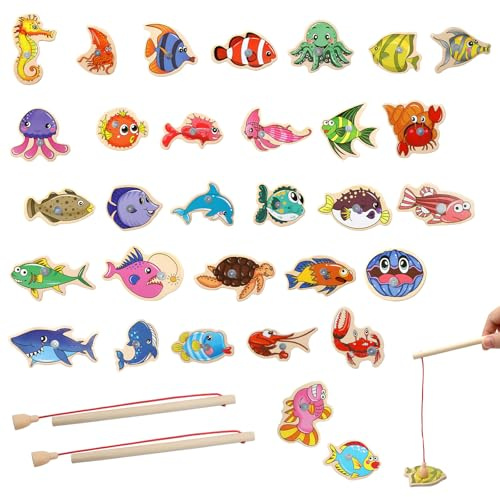 APOMOONS Angelspiel Holz 31 Fische & 2 Angelruten, Magnetic Spiel Magnet Fischen,Angelspiel ab 2 Jahre & 3 Jahre Magnete Kinder Fisch Spielzeug,Fische Angeln Spiel Lustige Geschenke für Kinder