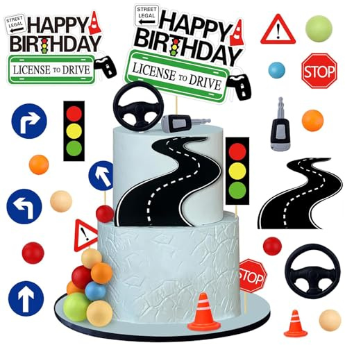 YGCHEN Décoration de Gâteau Permis de Conduire Decoration Gateaux Anniversaire Boule Topper de Gâteau Panneau Routier Cake Topper Nouveau Conducteur Fête d'Anniversaire Gâteaux 19 Pièces