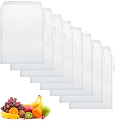 Shiawase 8 Pièces Sac a Lait Sac Vegetal, 20 x 15cm Reutilisable Filtre Mousseline Alimentaire Nylon avec Cordon de Serrage, pour Fromage, Jus de Fruits, Café, Jus de Légumes, etamine alimentaire