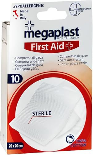 10 Compresses de Gaze Stériles XL 20 x 20 cm - 100% Coton, Hypoallergéniques - Pansements Individuels pour Soins, Premiers Secours et Usage Médical