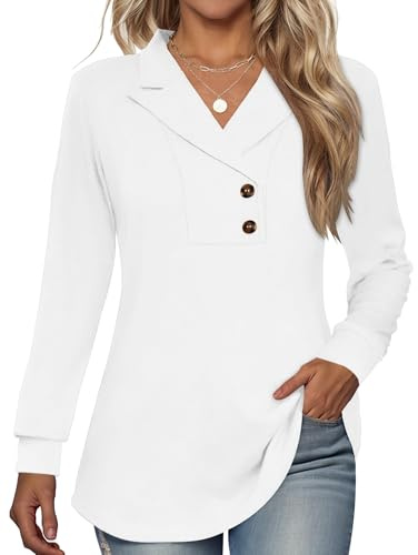 Tisfeer Damtröja långärmad toppar knapp v-ringad tunika skjortor business dressy vardaglig gunga solid pullover 2026, Vitt, L