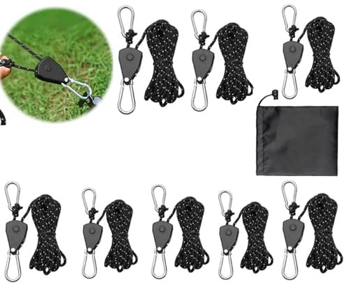 8 Stück Verstellbarer Seil Ratsche, Einstellbare Seil Ratsche, 4 M Abspannseile mit Seilspanner, Seilaufhänger Seilzugratsche Ratschenseil für Pflanzenventilator Licht Zimmerpflanzen