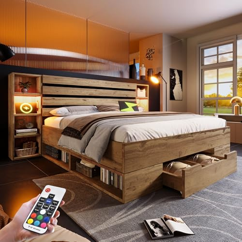 OOIILLEE Lit Double 160x200 avec LED et USB C, avec tête de lit et tiroirs de Rangement, Lit Industriel avec sommier à Lattes en métal, Cadre de 160x200 en Bois, Chêne (sans Matelas)