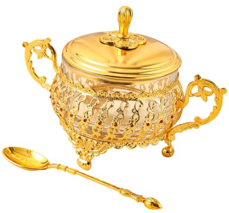 ULTECHNOVO Europäisches Vintage Glas Aufbewahrungsglas mit Löffel Multifunktionaler Candy und Trockenfrüchtebehälter für Küche Kaffee Büro Stabiles Großes Vorratsglas Gold