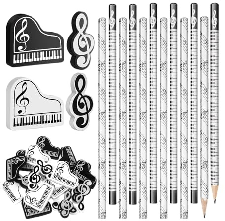 Qurygin Set di matite in legno – Set di matite musicali e gomme da cancellare, divertenti a tema musicale, articoli di cancelleria per scrittura, schizzi, redazione, lezioni di matematica, studenti