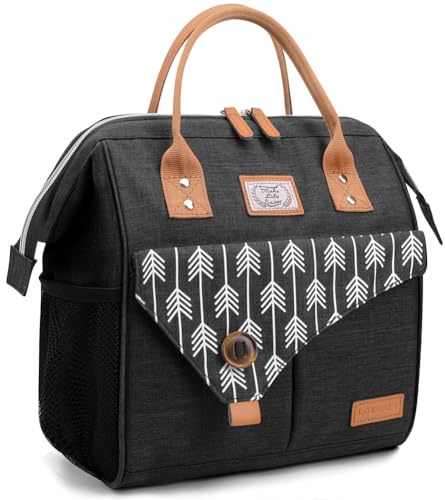 Lekesky Kühltasche Lunchtasche Damen Isolierte für Frauen Auslaufsichere | Kühltasche Klein Weit Geöffnete Lunchbox Tasche, 11L, Schwarz