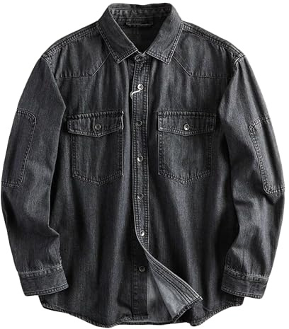 Herr långärmad dubbel ficka knäpp denim skjorta bomull normal passform vardagliga arbetsskjortor med två fickor, Svart, XL