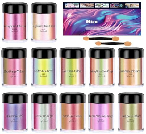Hartsglimmerpigment pulver – 12-pack färgskiftande pärlemorskimrande set för tvål, och färg | pärlemorskimrande pulver set för smycken, nagellack, läppglans, färg och keramik