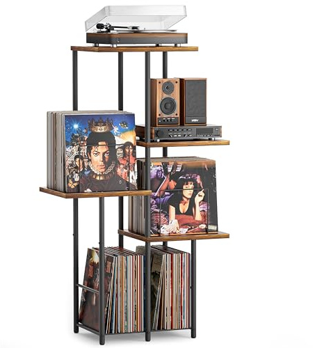 Bikoney Mobile Porta Giradischi con Scaffale per Dischi in Vinile, Supporto Tavolo per Giradischi con Organizer LP, Mobile Vintage in Legno Stile Mid-Century, Consolle Alta