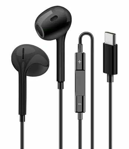 Black USB C Headphones with Cable for iPhone 17/16/15 Pro Max/Plus iPad Pro, In-Ear Headphones with Type C Cable, Microphone, Volume Control for Samsung S23/S22/S21/S20/A53/A54 Google Pixel 8/7/6A/5/4