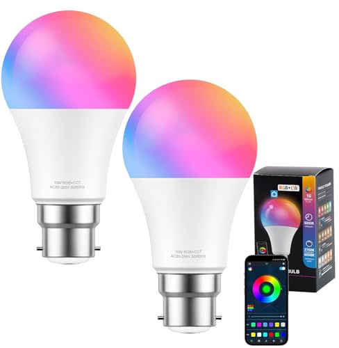 Quwem Smart Bulb Bayonet B22, 2 Pack 10W 800LM Colour Changing WiFi Light Bulb RGB Dimmable Warm White LED Lightbulb App or Voice Control Works with Alexa and Google Home Assistant 2700K-6500K