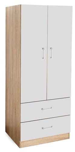 MA MAISON Armadio 2 Ante e 2 Cassetti - Struttura in Legno Truciolare, Guardaroba, Moderno, Asta Appendiabiti, con Maniglie, Spazioso, Organizzatore Vestiti - 80 x 52 x 190 cm (Bicolor)