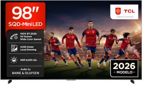 TCL 98C8L 98 Pulgadas SQD-Mini LED 4K HDR10+ Smart TV, 6.000 Nits | 4.032 Zonas de Atenuación, Dolby Vision IQ & Atmos, 144Hz, Diseño ZeroBorder, Audio by Bang & Olufsen