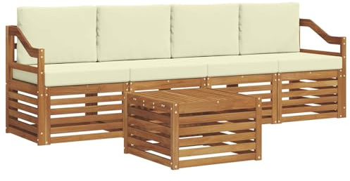 Qnhdfrt Juego de muebles de jardín de madera de acacia, muebles modulares para exteriores con tapicería, conjunto de asientos para terraza, sofá de jardín de madera maciza en color natural y crema, 5
