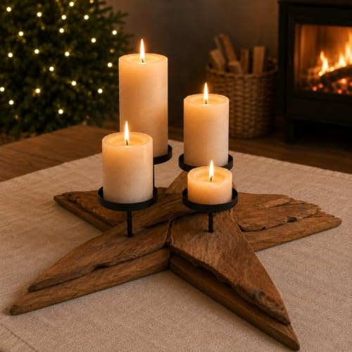 Adventskranz Stern aus rustikalem Treibholz mit Kerzenhaltern aus Metall | Naturprodukt mit besonderem Charakter