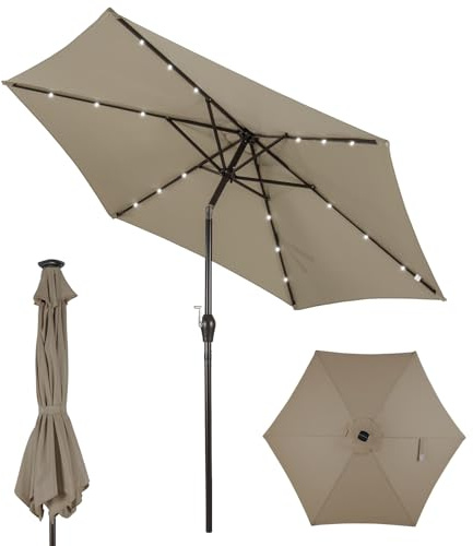 COSTWAY Sonnenschirm 270 cm mit LED-Solar-Beleuchtung, Gartenschirm mit Kurbel, beidseitig um 30° knickbar, Terrassenschirm mit 6 Rippen, Marktschirm für Garten, Balkon, Terrasse, Braun