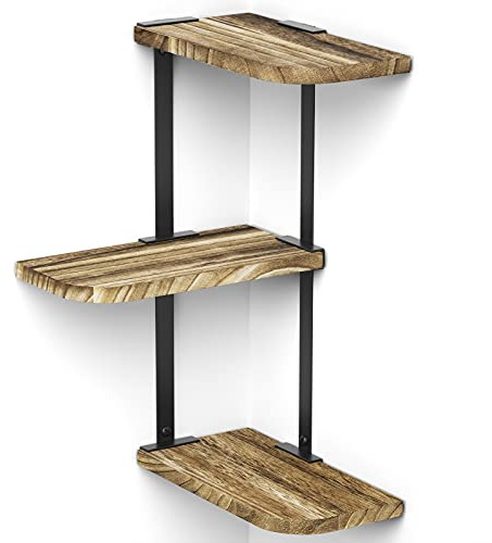 Love-KANKEI Corner Shelf, 3 Tiers Rustic Wood Floating Shelves for Bedroom, Living Room, Bathroom, Kitchen and Office etc, Carbonized Black