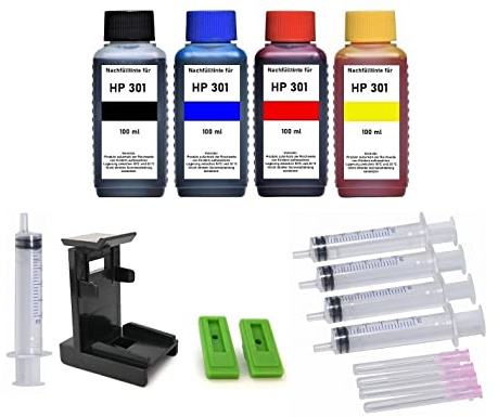 Tintenpatronen Nachfüllset kompatibel mit HP 301 Schwarz und Color (XL) Druckerpatronen - 4 x 100 ml Nachfülltinten mit Adapter, Befüll-Anleitung, Zubehör