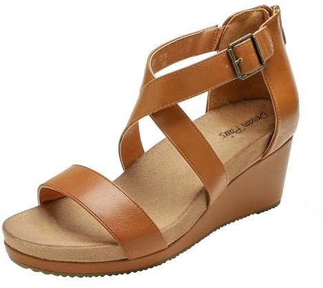 DREAM PAIRS Women's Open Toe Buckle Ankle Strap Summer Platform Wedge Sandals,Size 7.5,Camel/Pu,NINI-2
