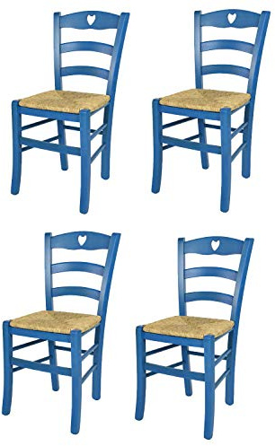 t m c s Tommychairs - 4er Set Stühle Cuore für Küche und Esszimmer, Robuste Struktur aus Buchenholz, in Anilinfarbe Blau lackiert und Sitzfläche aus Stroh