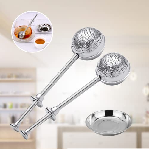hadio Tee-Ei für losen Tee mit Untertasse, Tee-Ei für losen Tee mit langem Griff, Tee-Ei mit großem Fassungsvermögen, Edelstahl-Teekugel, Teesieb mit langem Griff, 2 Stück