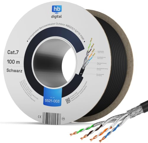 HB-DIGITAL 100m CAT 7 Netzwerkkabel Outdoor - Schwarz | LAN Kabel Verlegekabel, S/FTP AWG23, doppelt geschirmt PiMF, reines Kupfer, max 10Gbit/s
