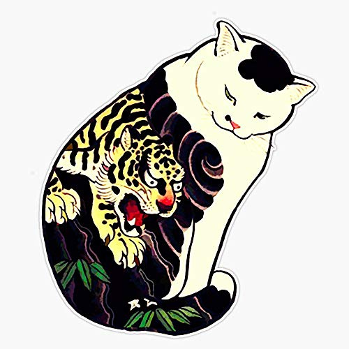 Antique Japanese Woodblock Print Cat With Tiger Tattoo Waterproof Vinyl Window Bumper Sticker Decal 5