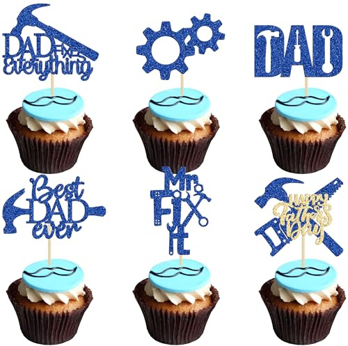 24Pcs Happy Father's Day Cupcake Toppers Blue Glitter Tool Construction Best Dad Ever Cake Toppers Dad Cupcake Picks for Happy Father's Day Theme Party Cake Decorations Supplies