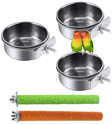 PINVNBY Stainless Steel Food Bowls for Birds,Bird Feeding Dish Cups Parrot Water Feeder Bowl with Clamp Holder Paw Grinding Perches for Budgies Parakeet Macaw Small Animal(5 Pack)