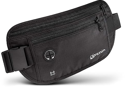 praxxim Die Bauchtasche zum Reisen - DIEBSTAHLSICHER mit RFID Schutz - Extra Flache Bauchtasche unter Kleidung tragbar - Hüfttasche - Reisebauchtasche - Geldgürtel für Damen und Herren