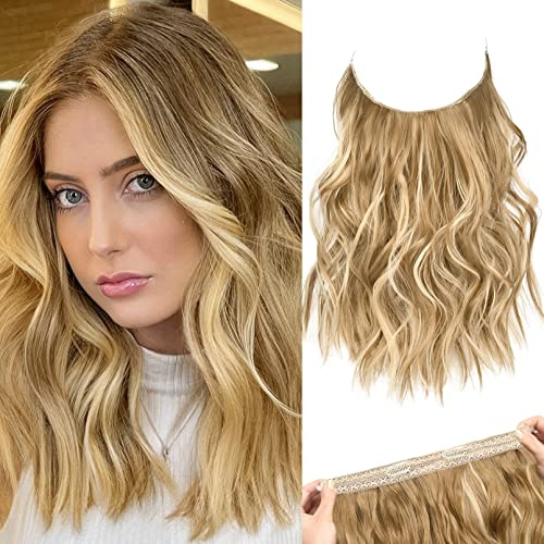 REECHO Secret Clip in Extensions - Invisible Wire Haarverlängerungen Kurz & lockig-wellig in Hair Extensions Synthetisches Haarteil mit natürlichem Look für Frauen - Mittelblond mit blonden Strähnchen