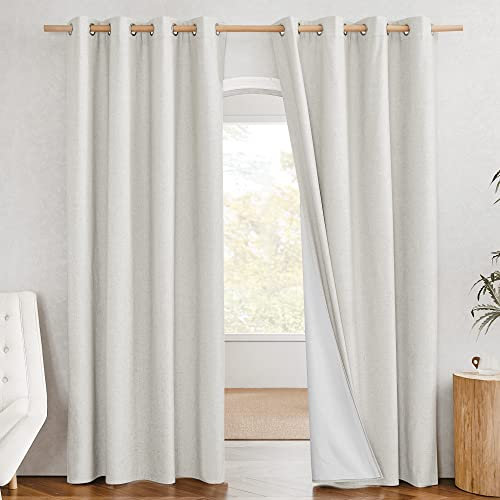 PONY DANCE Full Blackout Linen Curtains for Living Room Broken White Eyelet Thermal Door Curtain Privacy Noise Reduction Curtains for Cinema Bedroom 132x213cm, 2 Panels