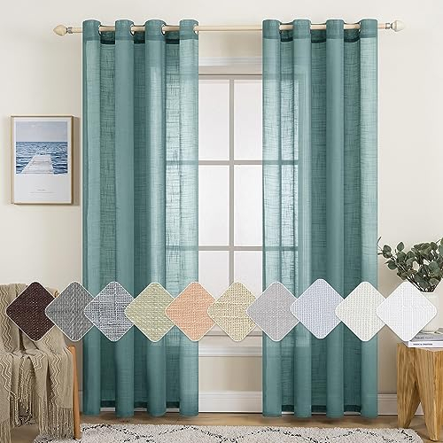 MIULEE 2er Set Voile Vorhang Sheer Leinenvorhang mit Ösen Transparente Leinen Optik Gardine Ösenschal Wohnzimmer Fensterschal Lichtdurchlässig Dekoschal Schlafzimmer 140x215cm (B x H) Staubiges Blau