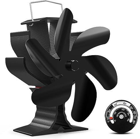 HIDALIFE Ventilador de estufa de leña, ventilador de estufa alimentado por calor, ventilador calentador con termómetro magnético, ventiladores ecológicos, accesorios de estufa de leña de 6 cuchillas,