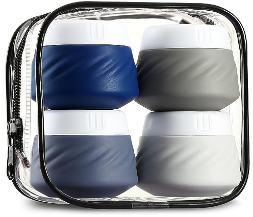 Gemice Lot de 4 récipients de voyage pour articles de toilette, pots à crème en silicone, approuvés par la TSA - Avec sac transparent - Accessoires de voyage étanches avec couvercle pour cosmétiques,