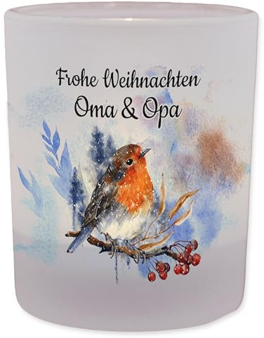 FEENSTAUB Windlicht Glas, Weihnachten Deko Winter, Teelichthalter Glas personalisiert mit Name, Deko Winter Innen, Kerzenglas Deko, Tischdeko Windlicht mit Spruch, Rotkehlchen, Winter Teelicht