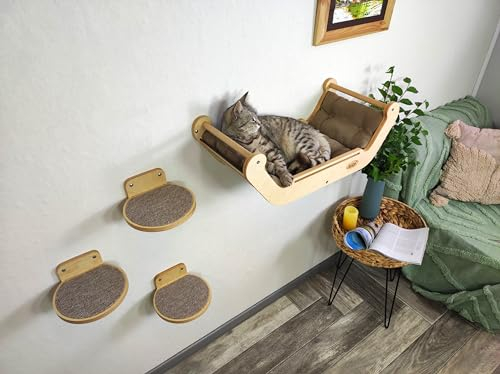 RshPets® An der Wand Montiertes Katzenmöbel-Set: Bett und 3 Stufen, Katzenbett, Modernes Katzen-Wandregal-Möbelset zum Schlafen, Spielen, Klettern und Entspannen. (Helle Farbe)
