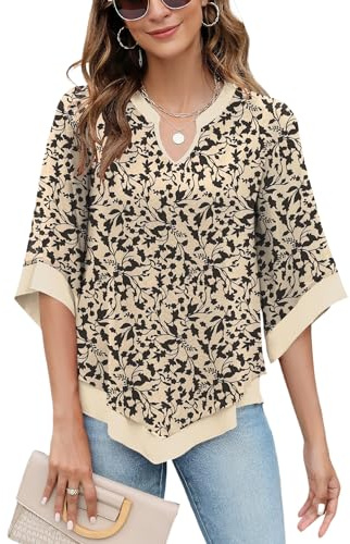 Micoson 3/4 Length Sleeve Womens Tops Casual Chiffon Blouse Tops V Neck Loose Fit Blouses Shirts Apricot Floral XL