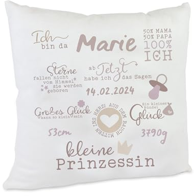 Kilala Personalisiertes Babykissen zur Geburt oder Taufe Geburtsdaten Kinderkissen Namenskissen Waschbar, Flauschiges Material (Kleine Prinzessin beige)