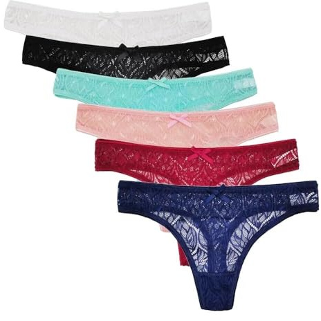 Seven-Flower 6 Pack Lace Thongs for Women Multicolor Lace Panties G-Strings Ladies Cotton Thongs Breathable Underwear Knickers with Bow-Knot (M,Multicolor)