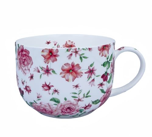 YUESITE Large 25 Ounce Large Coffee Mug Soup Bowls with Handles Oversized Soup Mugs Bone China Soup Mug Cup Soup Bowl for Coffee Cereal Latte (White Rose) | Large Floral Mugs,Ideal for Coffee, Latte, Cereal, Hot Soup, Noodles & Daily Breakfast Meal,Microwave and Dishwasher Safe