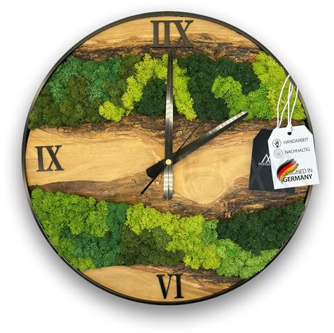 MODERNMOMENTS Wanduhr Holz 38 cm – Olivenholz Uhr ohne Ticken, Handgefertigte Massivholz Wand Uhr mit Moos, Lautlose Wohnzimmer Uhr mit schwarzem Metallrahmen