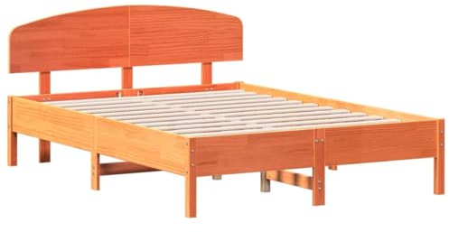 vidaXL Massivholzbett mit Kopfteil, Bett mit Sperrholzlatten, Doppelbett für Schlafzimmer, Holzbett Bettgestell, Wachsbraun 135x190cm Massivholz Kiefer