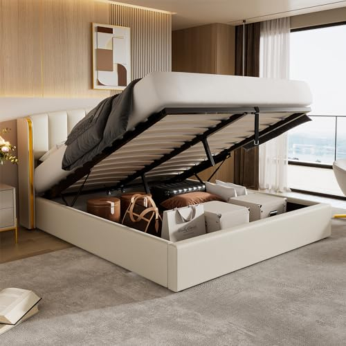 Kayan Polsterbett 180X200 cm, Bett mit Großer Stauraum & Lattenrost, Doppelbett Metall Boxspringbett Bettgestell, Goldgerandetes Ohrendesign, Kunstleder, Ohne Matratze (Cremeweiß, 180X200 cm)